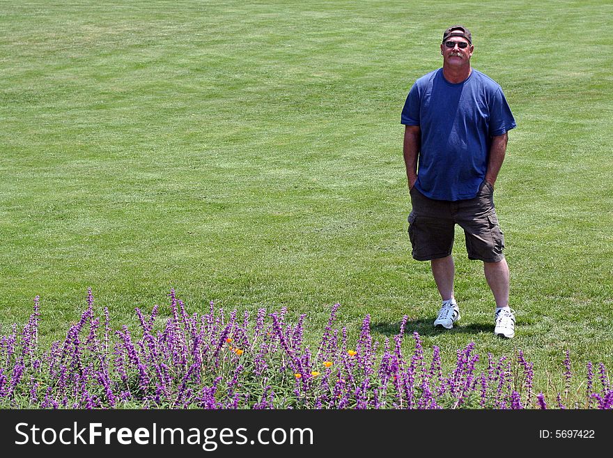 Man Green Lawn, Purple Flowers