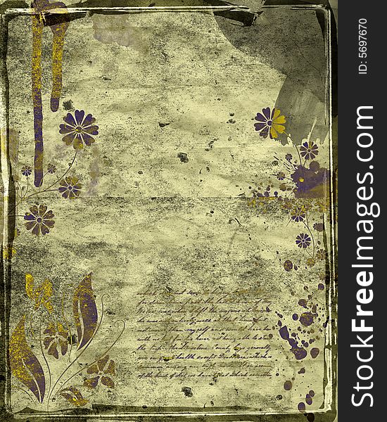 Grunge background with filigree, cracks, dirt, floral, and brick