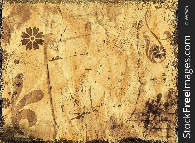 Grunge background with filigree, cracks, dirt, floral, and brick
