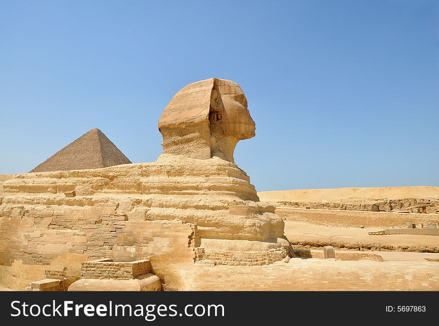 The Sphinx , Great Pyramid with copy-space taken in Giza ( Gizeh ) Egypt