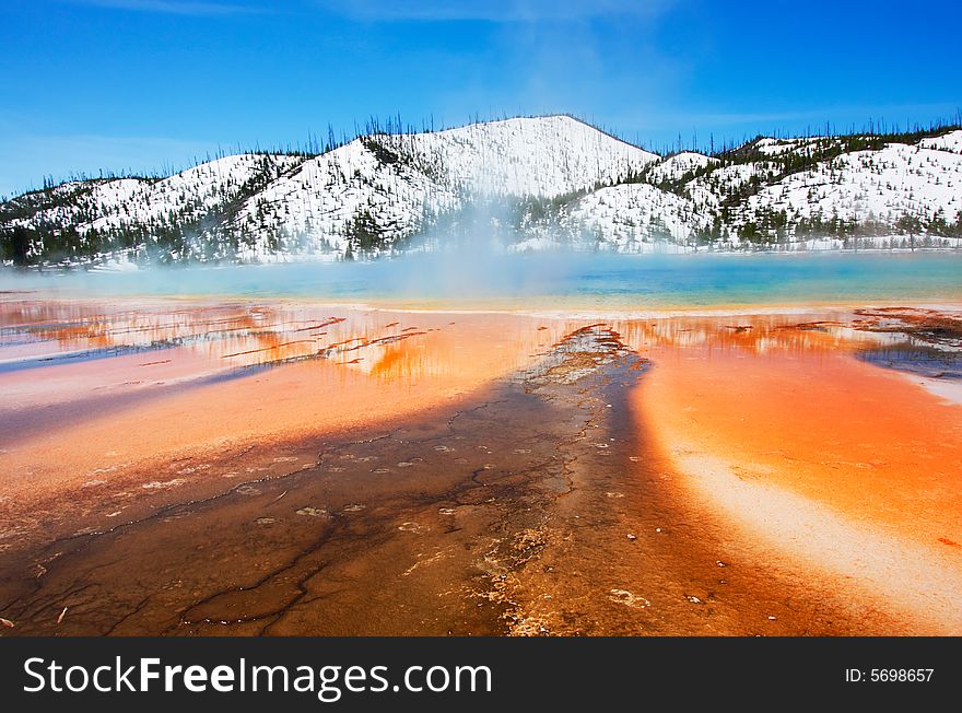 Stripes of color underlying Yellowstone's Grand Prismatic Spring (Midway Geyser Basin) - Yellowstone National Park.