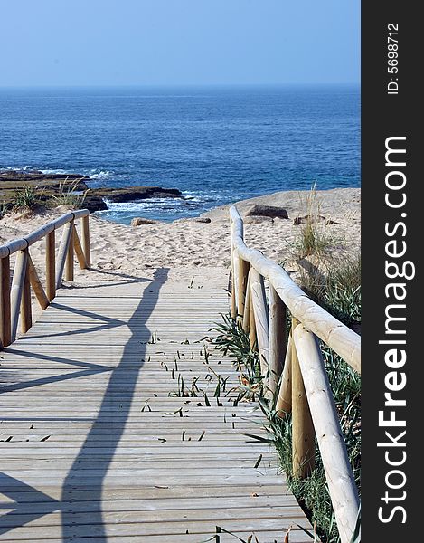 Wooden Bridge to the sea in Cadiz, Cape Trafalgar. Wooden Bridge to the sea in Cadiz, Cape Trafalgar