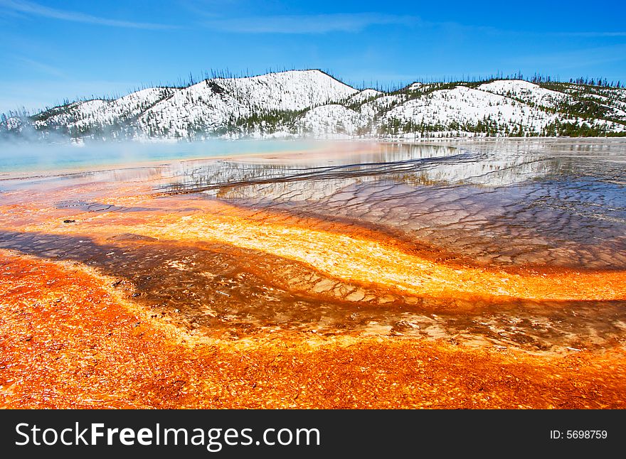 Stripes of color lining the Grand Prismatic Spring (in Midway Geyser Basin) - Yellowstone National Park.