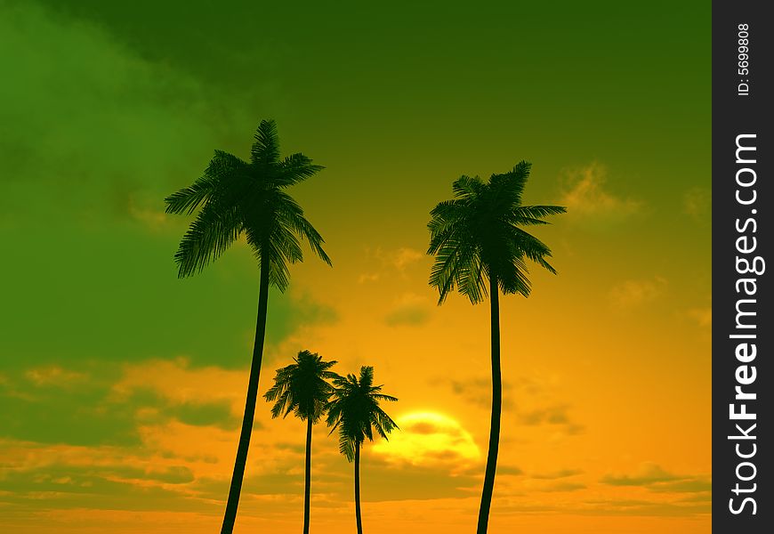 Beautiful sunset with palms.3d image