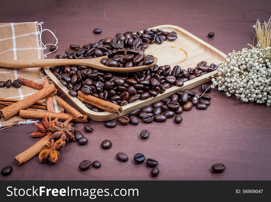 Coffee on grunge wooden background.