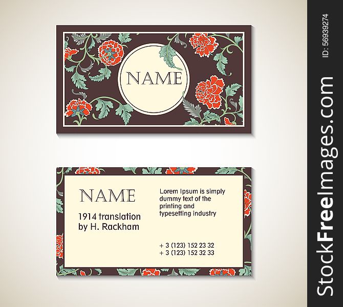 Vector brown floral visit card template, eps 10