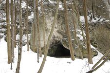 Cave And Trees At Winter Royalty Free Stock Photos