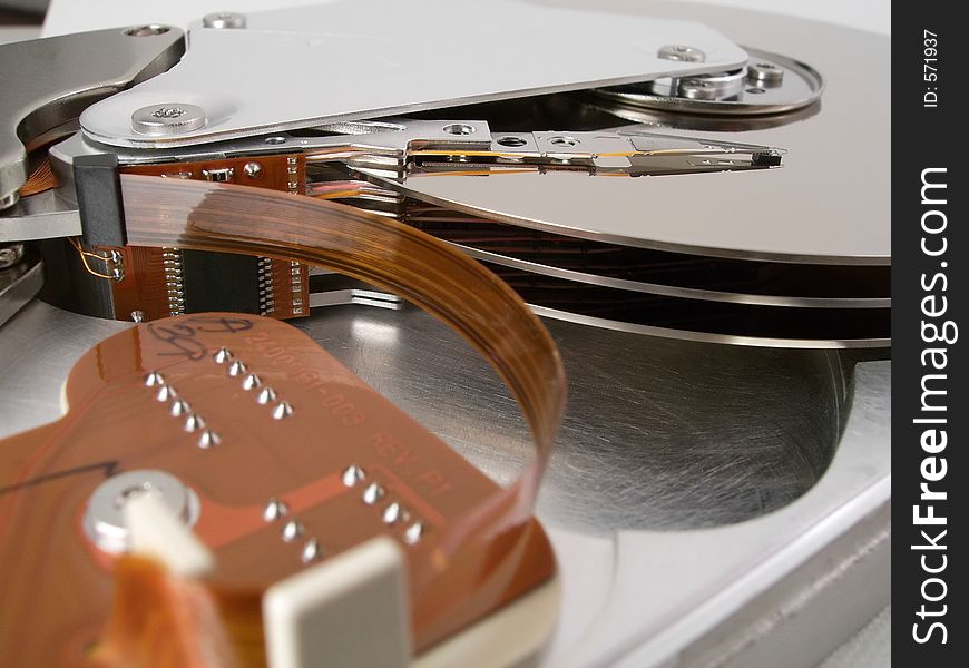 Detail of the inside of a computer hard disc unit. Detail of the inside of a computer hard disc unit