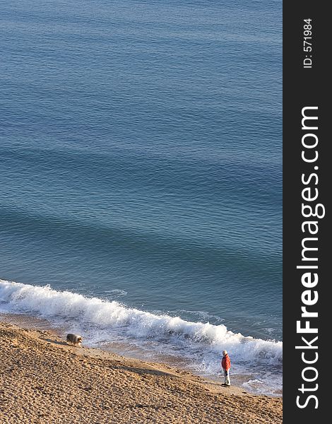 Man Walking His Dog Along Weymouth Beach In The Sun