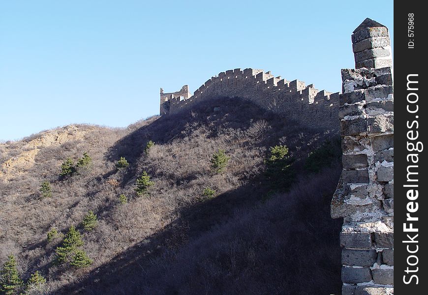 The Great Wall of China, wall on the right, stretches into distance