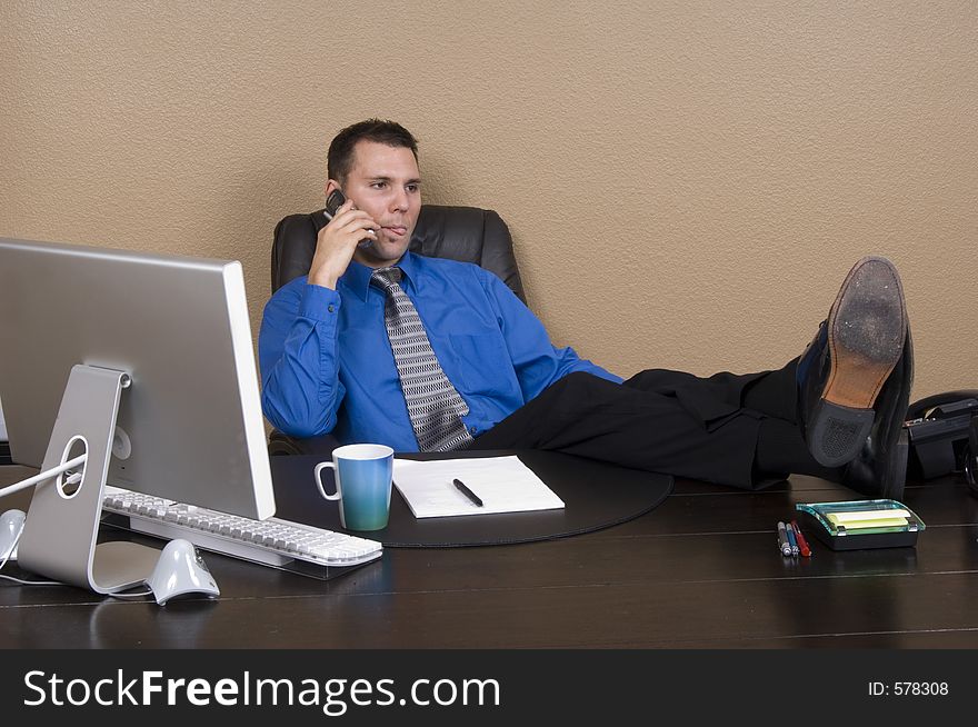 Young enthusiastic businessman on the phone in his office