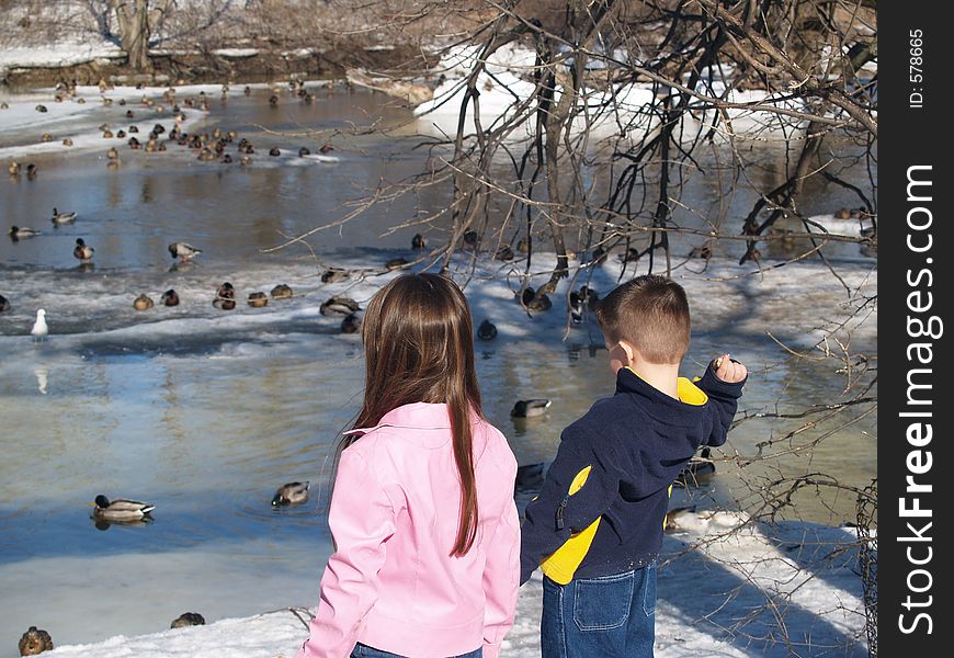 Two young children feeding ducks on a sunny spring day. Two young children feeding ducks on a sunny spring day.
