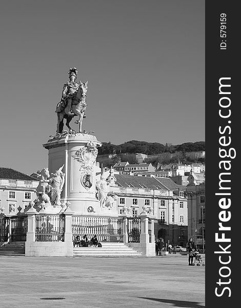 Monument on a square in Lisbon, Portugal, B&W
