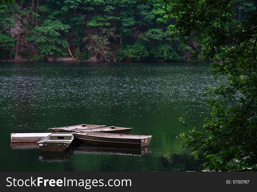 Lake at park with rowboats used for fishing and recreation.l. Lake at park with rowboats used for fishing and recreation.l