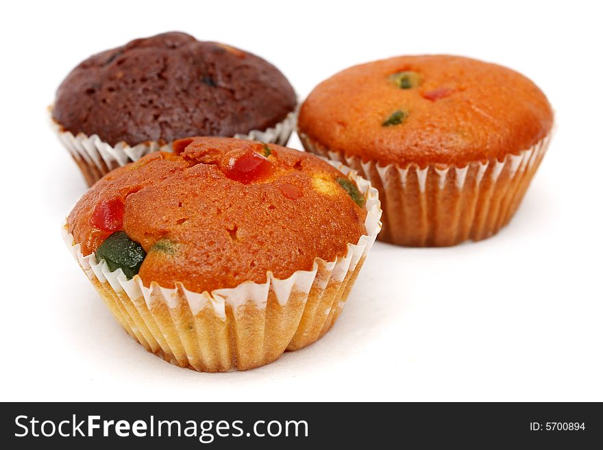 Close up of muffins on white background.