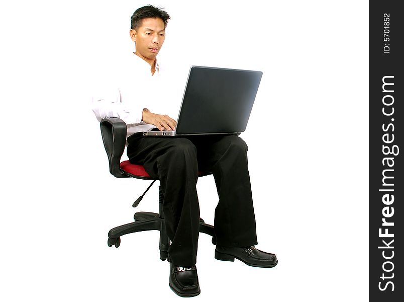 Men using a laptop over white background