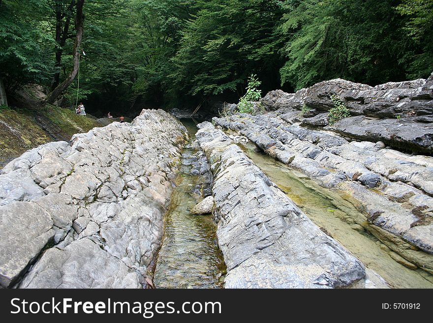 Mountain river on background year wood. Mountain river on background year wood