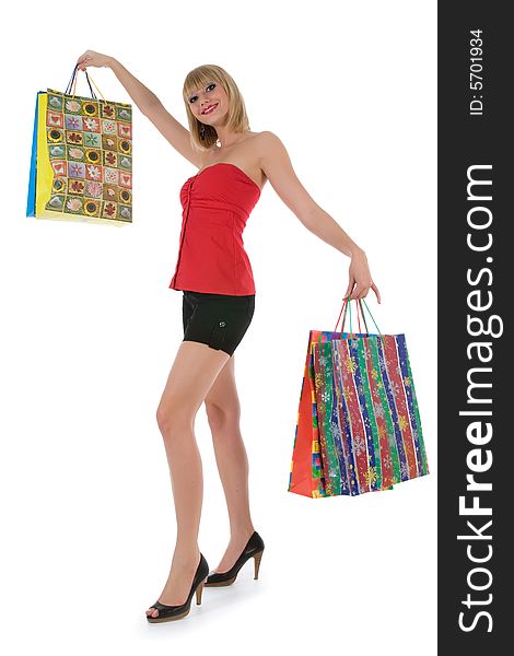 Expressive woman  on white background  shopping. Expressive woman  on white background  shopping