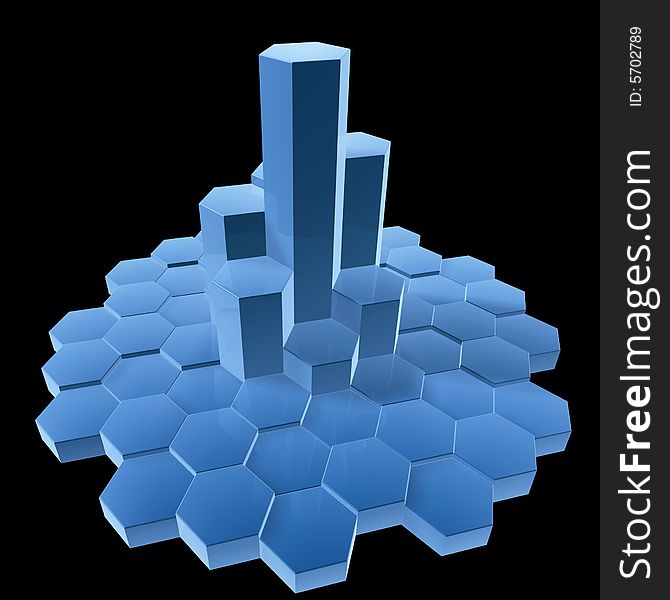 3d hexagon building isolated on dark background