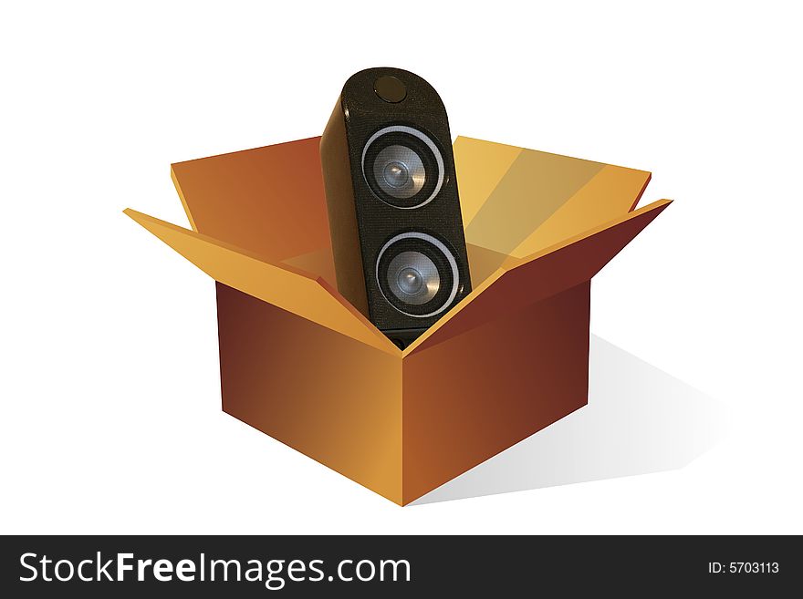 An open box with containing a desktop speaker. An open box with containing a desktop speaker