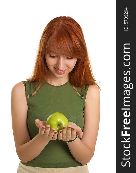 Beautiful red-haired with green apple, focus on face. Beautiful red-haired with green apple, focus on face