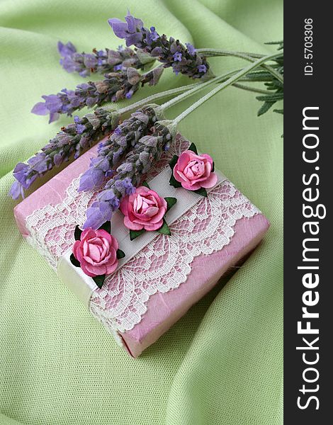 Soap gifts in pink with fresh lavender flowers. Soap gifts in pink with fresh lavender flowers
