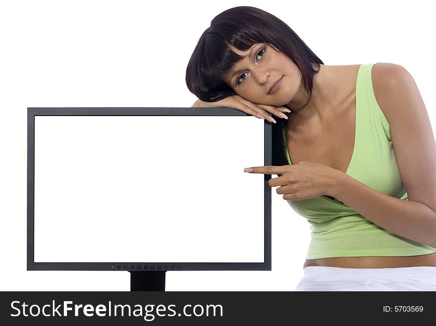 Atractive woman holding a blank sign (LCD) on a white background. Atractive woman holding a blank sign (LCD) on a white background