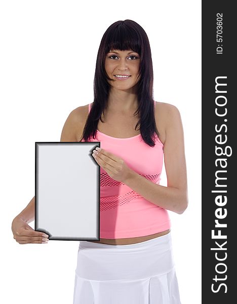Atractive woman holding a blank sign on a white background. Atractive woman holding a blank sign on a white background