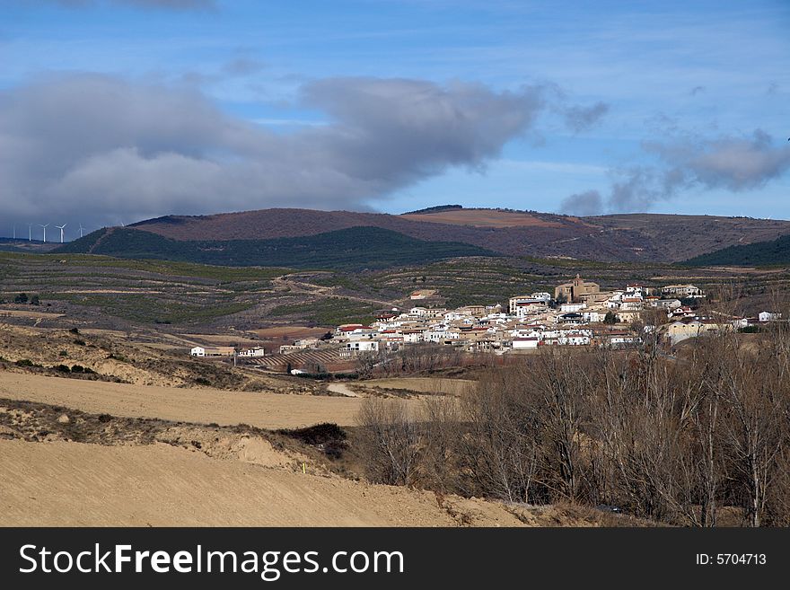 Lanscape with a village Sanguesa in Navarra, Spain