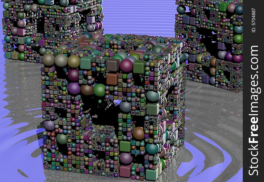 An abstract 3d rendering of cubes made up of smaller cubes and spheres. An abstract 3d rendering of cubes made up of smaller cubes and spheres