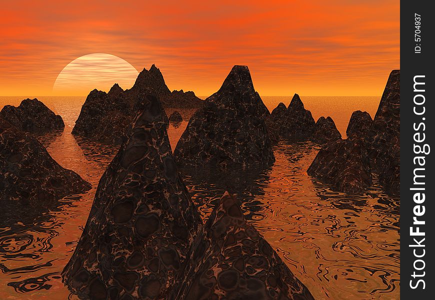 An abstract 3d rendering of a sunset over a rocky coastline. An abstract 3d rendering of a sunset over a rocky coastline