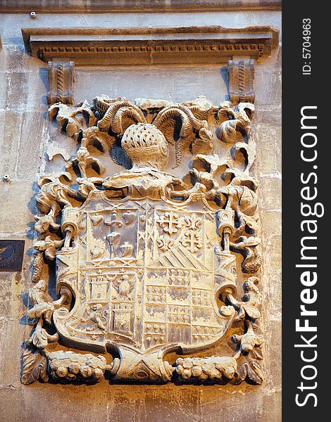 Court of arms on a cathedral in Santo Domingo de la Calzada in Rioja, Spain