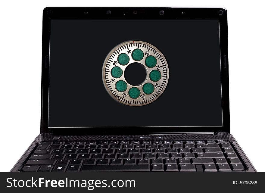 Frontal view of a computer laptop or notebook with a safe dial on the screen. Frontal view of a computer laptop or notebook with a safe dial on the screen