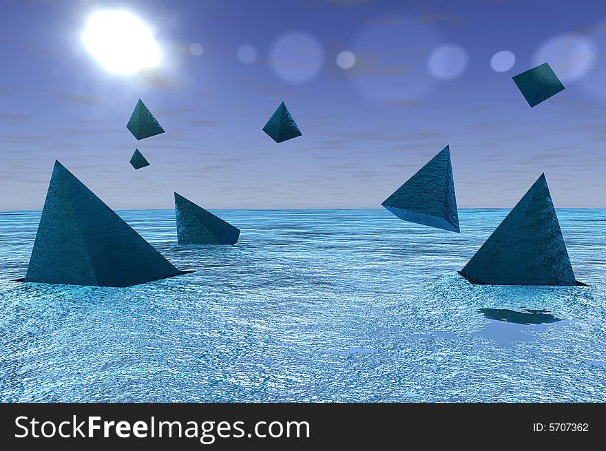 Some pyramids in open sea scene