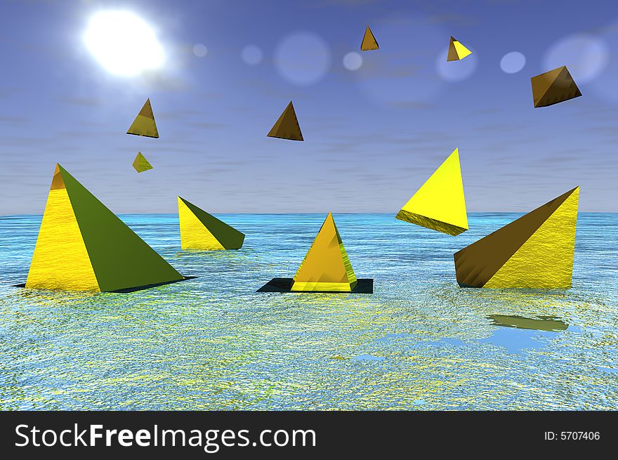 Some yellow pyramids in open sea scene