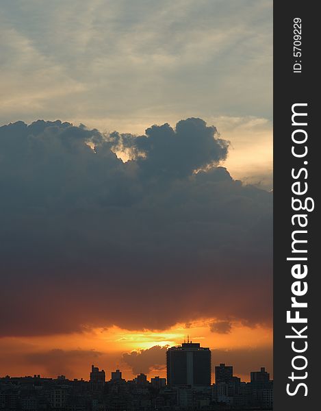 A view of Havana skyline at sunset with big dramatic clouds