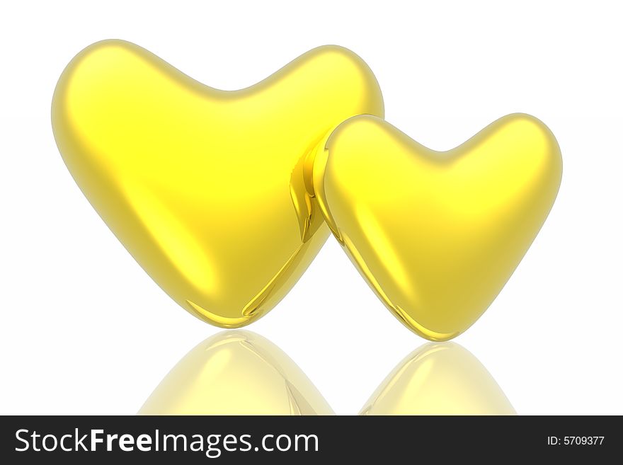 Golden hearts isolated in white background