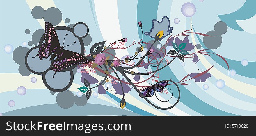 Abstract floral background with butterflies, vector illustration series.