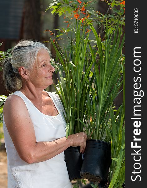 Portrait of attractive senior woman in garden. Portrait of attractive senior woman in garden