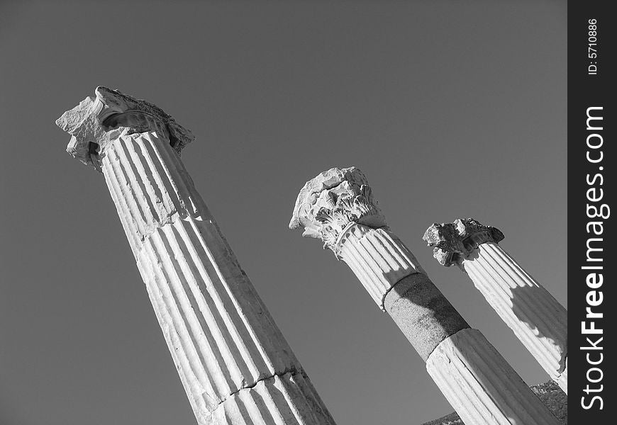 Three Ancient Columns - Ephesus - Black And White