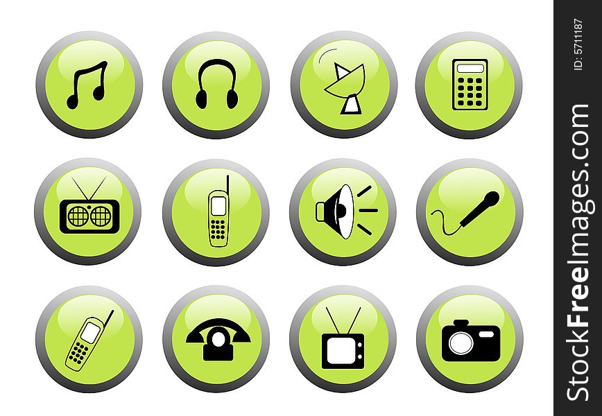 Set of green media icon buttons with black and white icons