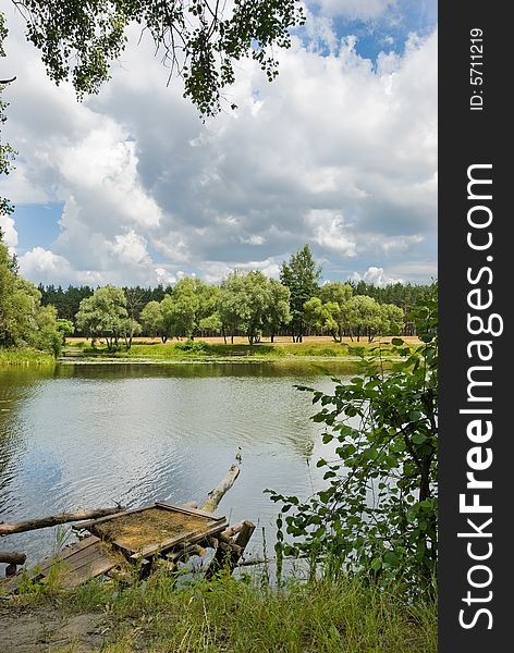 River in Ukraine, footbridge in the foreground