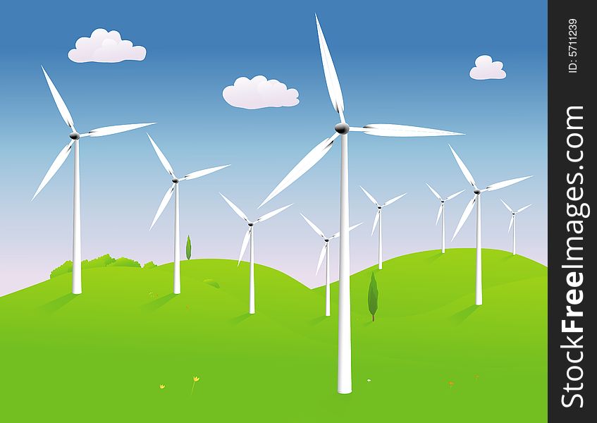 Modern power generating windmills in a hilly landscape