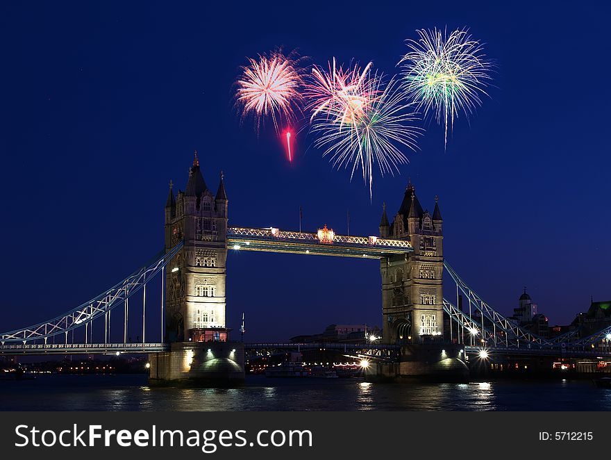 The London Tower Bridge with a firework illustration