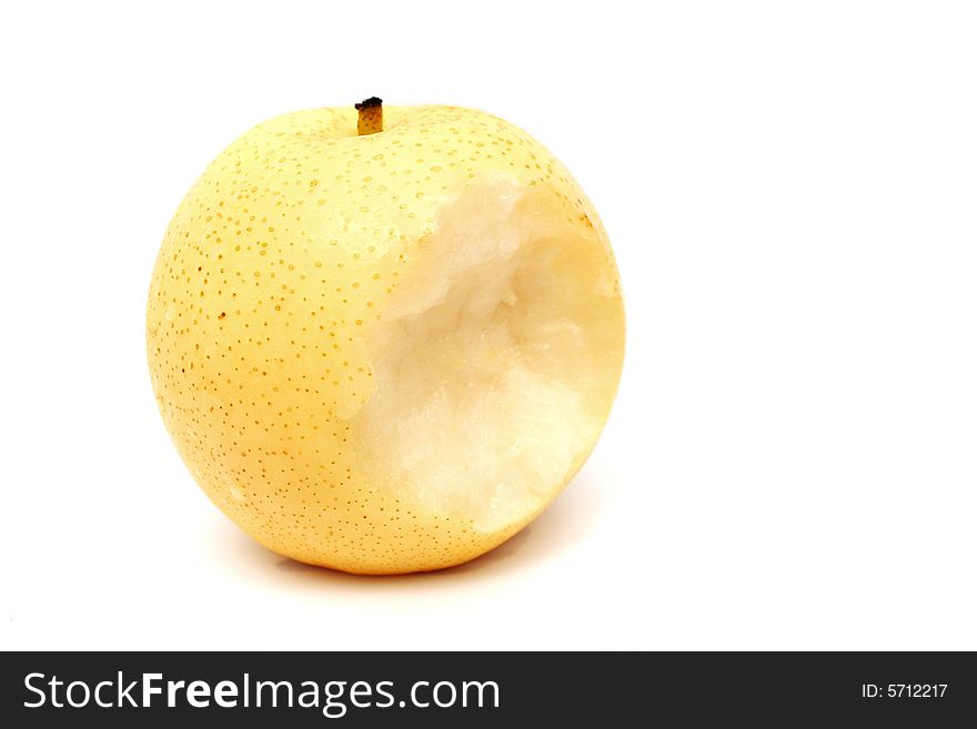 A bite Chinese pear isolated on white background.