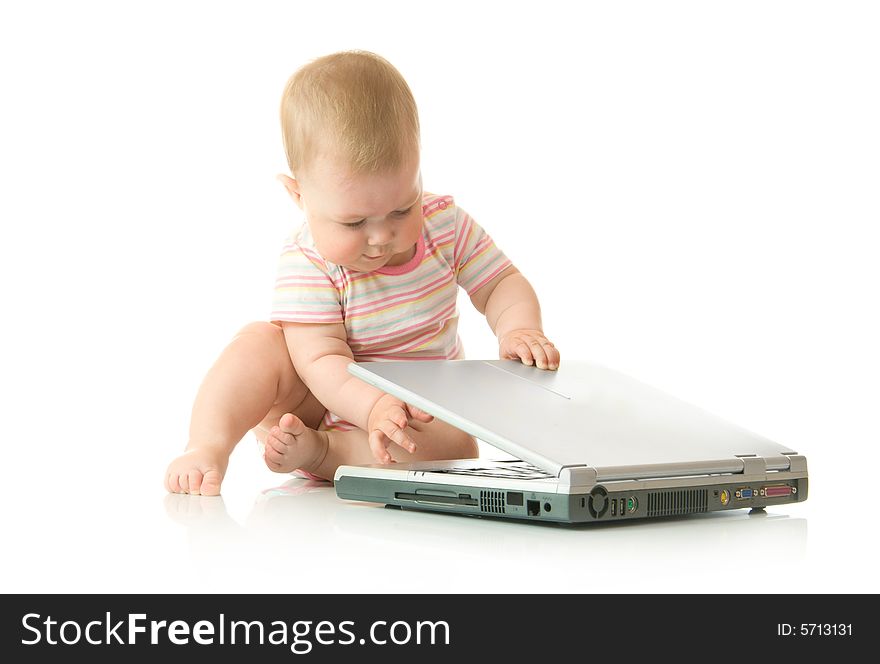 Small baby with laptop #6 isolated on white