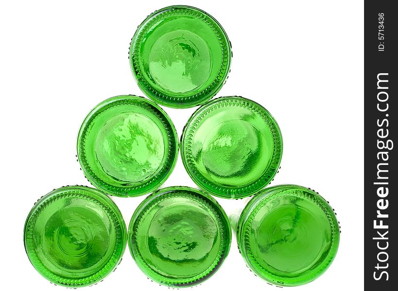 Background from empty green beer bottles