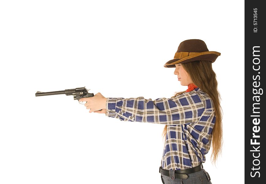An isolated photo of a cowgirl with a gun