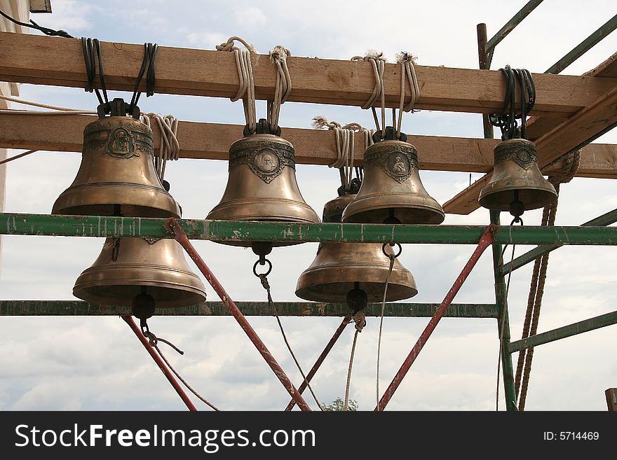 Six bells in a Orthodox bell tower. Six bells in a Orthodox bell tower