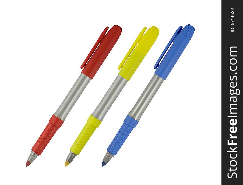 Primary colored markers isolated on white background